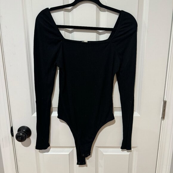 Black Square Neck Long Sleeve Ribbed Bodysuit - Size‎ Medium - Picture 1 of 6